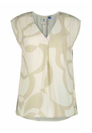 Ärmellose Bluse in hellem Creme mit abstrakten beigen Mustern, mit V-Ausschnitt und seitlichen Schlitzen für zusätzlichen Komfort.