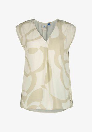 Bluzka bez rękawów w jasnym kremowym kolorze z abstrakcyjnymi beżowymi wzorami, z dekoltem w kształcie litery V i bocznymi rozcięciami dla zwiększenia wygody.
