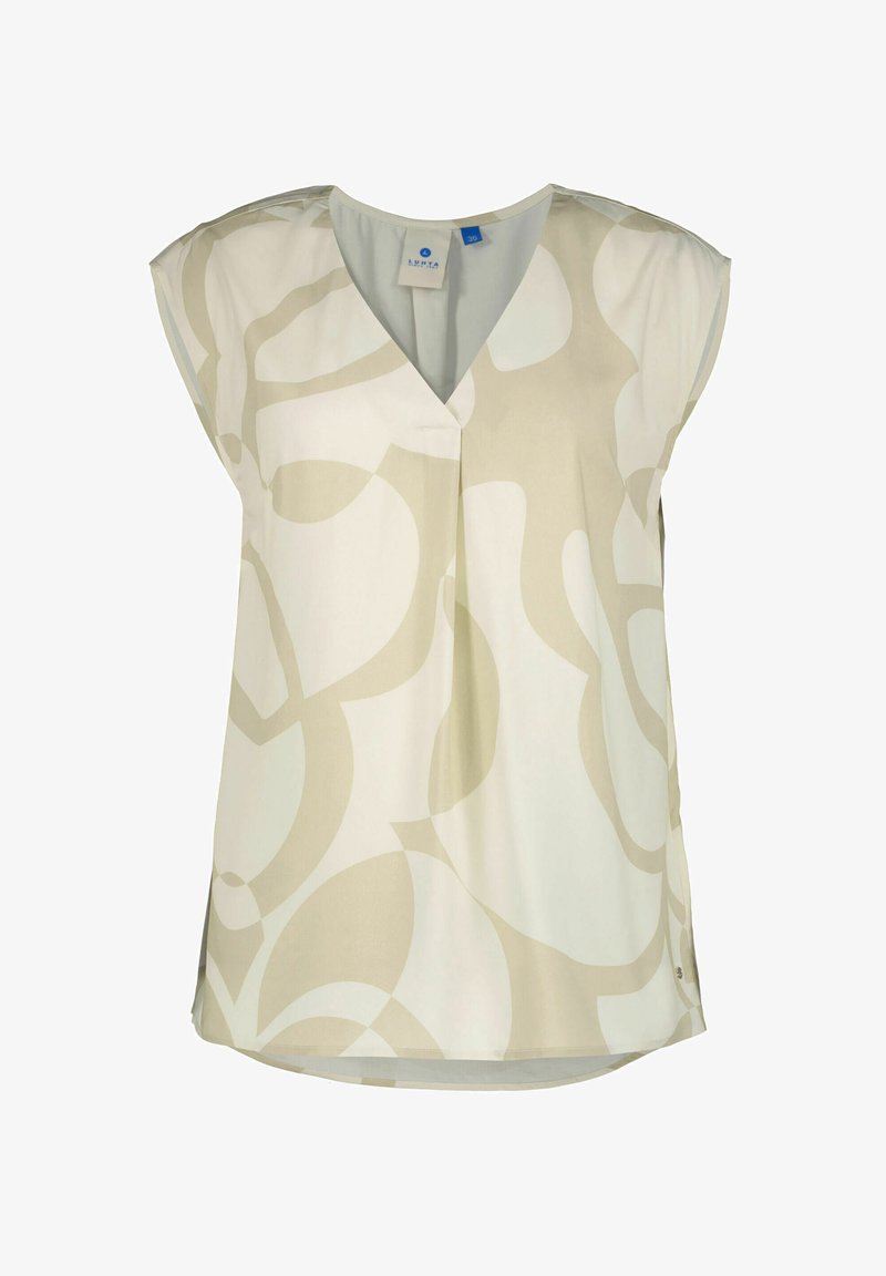 Mouwloze blouse in lichtcrème met abstracte beige patronen, voorzien van een V-hals en zijslitten voor extra comfort.