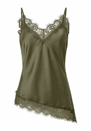 Camisole en satin vert olive avec bordure en dentelle florale le long de l'encolure en V, de l'ourlet et de l'ourlet asymétrique, dotée de fines bretelles réglables.