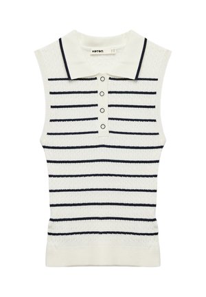 Top de punto blanco sin mangas con rayas horizontales marino, cuello puntiagudo y cuatro botones negros con anillo en la tapeta frontal.
