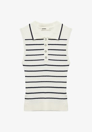 Sleeveless white knit top with navy horizontal stripes, a pointed collar, and four black-ringed buttons down the front placket.