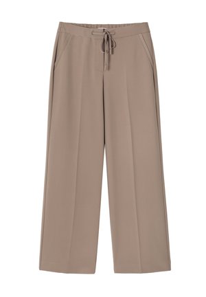 Pantalones de pierna ancha beige con cintura ajustable, elaborados en una tela suave. Presenta dos bolsillos delanteros y un corte relajado.