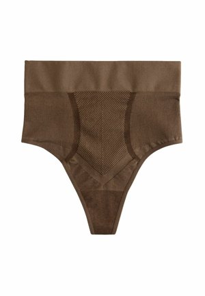Tanga de tiro alto en color marrón, fabricada con un tejido suave. Presenta un patrón de espiga texturizado en el centro, con bordes sin costura para mayor comodidad.