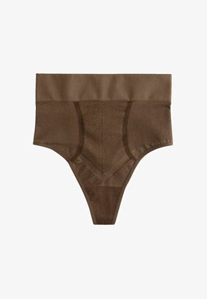 Bruine high-waisted thong van gladde stof. Bevat een gestructureerd visgraatpatroon in het midden, met naadloze randen voor comfort.