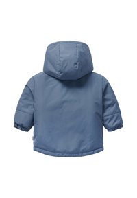 Blauwe peuterjas met een vast capuchon en elastische manchetten, weergegeven van achteren op een witte achtergrond.