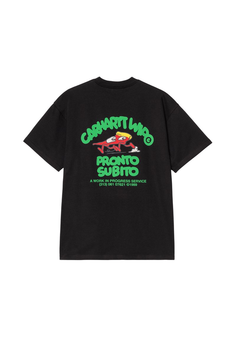 Black cotton t-shirt featuring colorful graphics: a running figure and text in green and red on the back. Short sleeves and crew neck design.