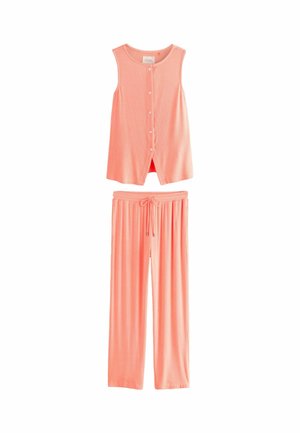 Pfirsichfarbener, gerippter Pyjama-Set bestehend aus einem ärmellosen Hemd mit Knopfleiste und einer lässig geschnittenen Hose mit Kordelzug. Weiches, leichtes Material.