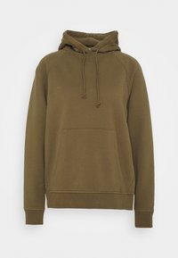 Olijfgroen hoodie van zacht materiaal, met een kangoeroezak, verstelbare trekkoorden en geribde manchetten, met een relaxte fit.