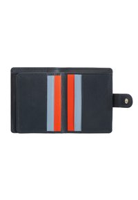 Leather wallet in navy blue with multiple card slots in red, orange, and light blue. Features a snap closure and smooth texture.