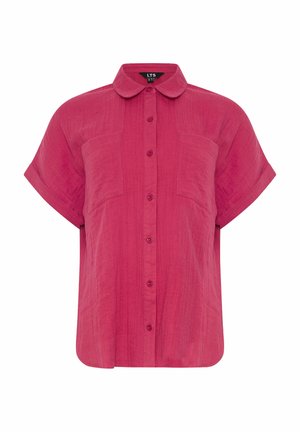 Chemise fuchsia à manches courtes avec boutons, col arrondi et deux poches poitrine, présentée sur fond blanc.