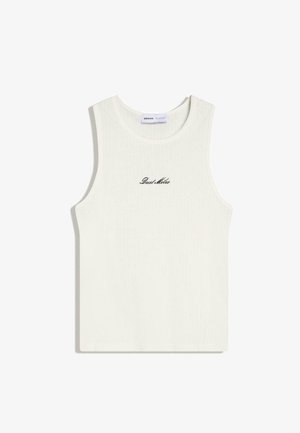 Fehér, ujjatlan bordázott felső kerek nyakkivágással, középen a mellrészen fekete, folyóírásos "Dust Miles" felirattal.