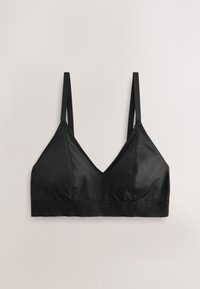 Soutien-gorge triangle noir avec bretelles étroites réglables et bande élastique, confectionné en tissu lisse, posé à plat sur un fond clair.