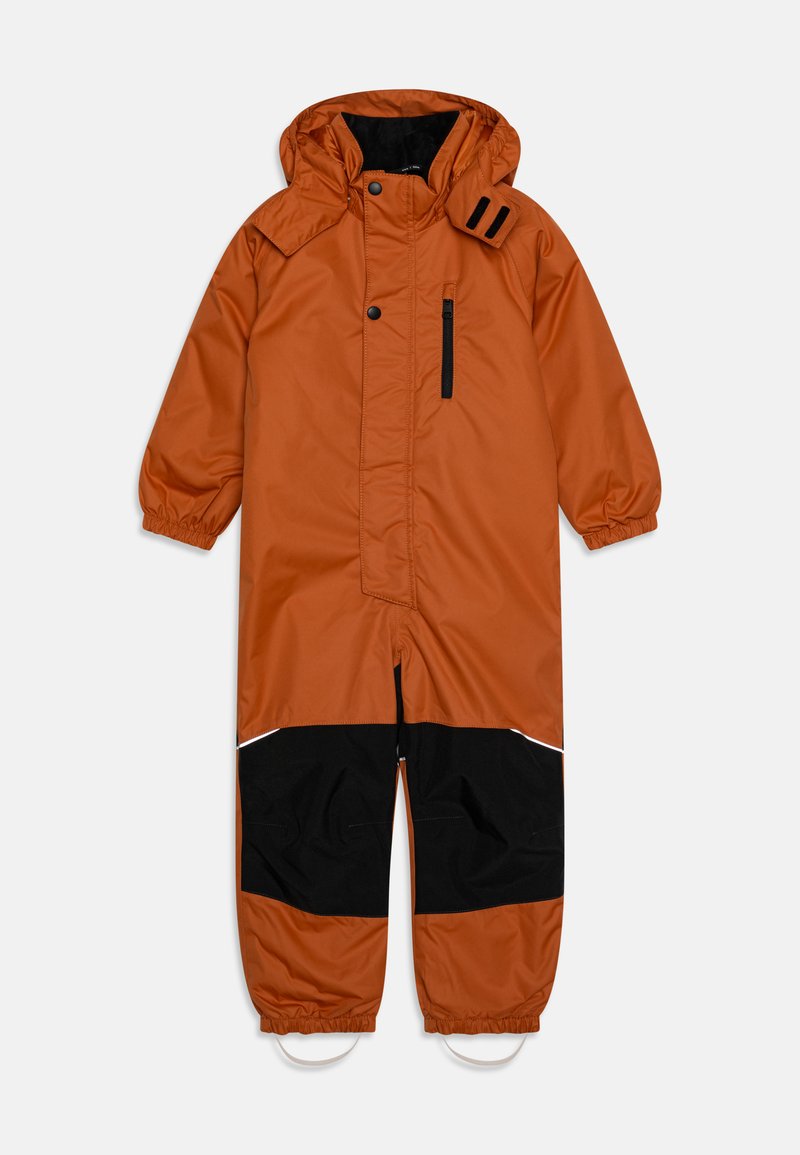 Orange waterproof insulation snowsuit with a hood, featuring black accents, elastic cuffs, and reflective details on the legs.