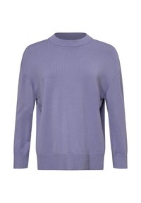 Lila Pullover mit einem Rundhalsausschnitt, 3/4 Ärmeln und gerippten Bündchen. Glatte Textur und lässige Passform.