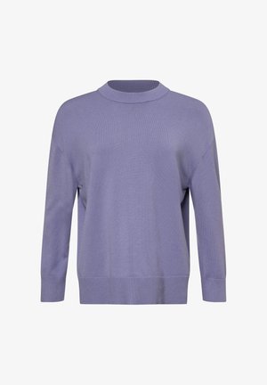 Lila Pullover mit einem Rundhalsausschnitt, 3/4 Ärmeln und gerippten Bündchen. Glatte Textur und lässige Passform.