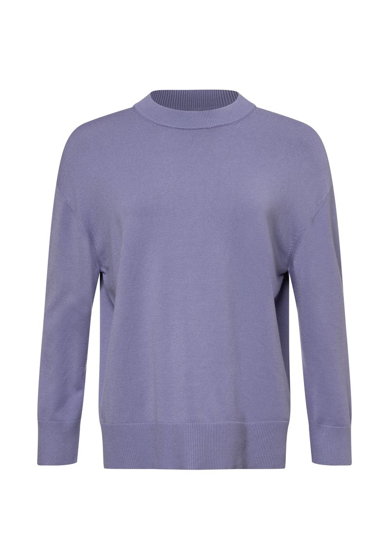 Lila Pullover mit einem Rundhalsausschnitt, 3/4 Ärmeln und gerippten Bündchen. Glatte Textur und lässige Passform.