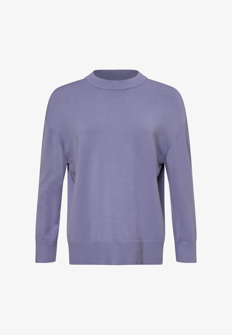 Lila Pullover mit einem Rundhalsausschnitt, 3/4 Ärmeln und gerippten Bündchen. Glatte Textur und lässige Passform.