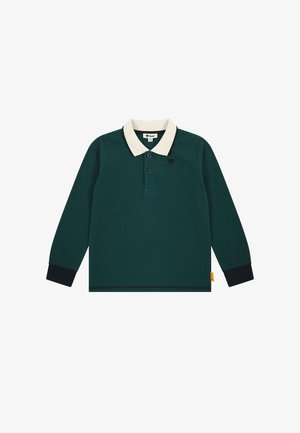 Dark green long-sleeve polo shirt with black cuffs, cream collar, two buttons, and small black embroidered bear logo on left chest.