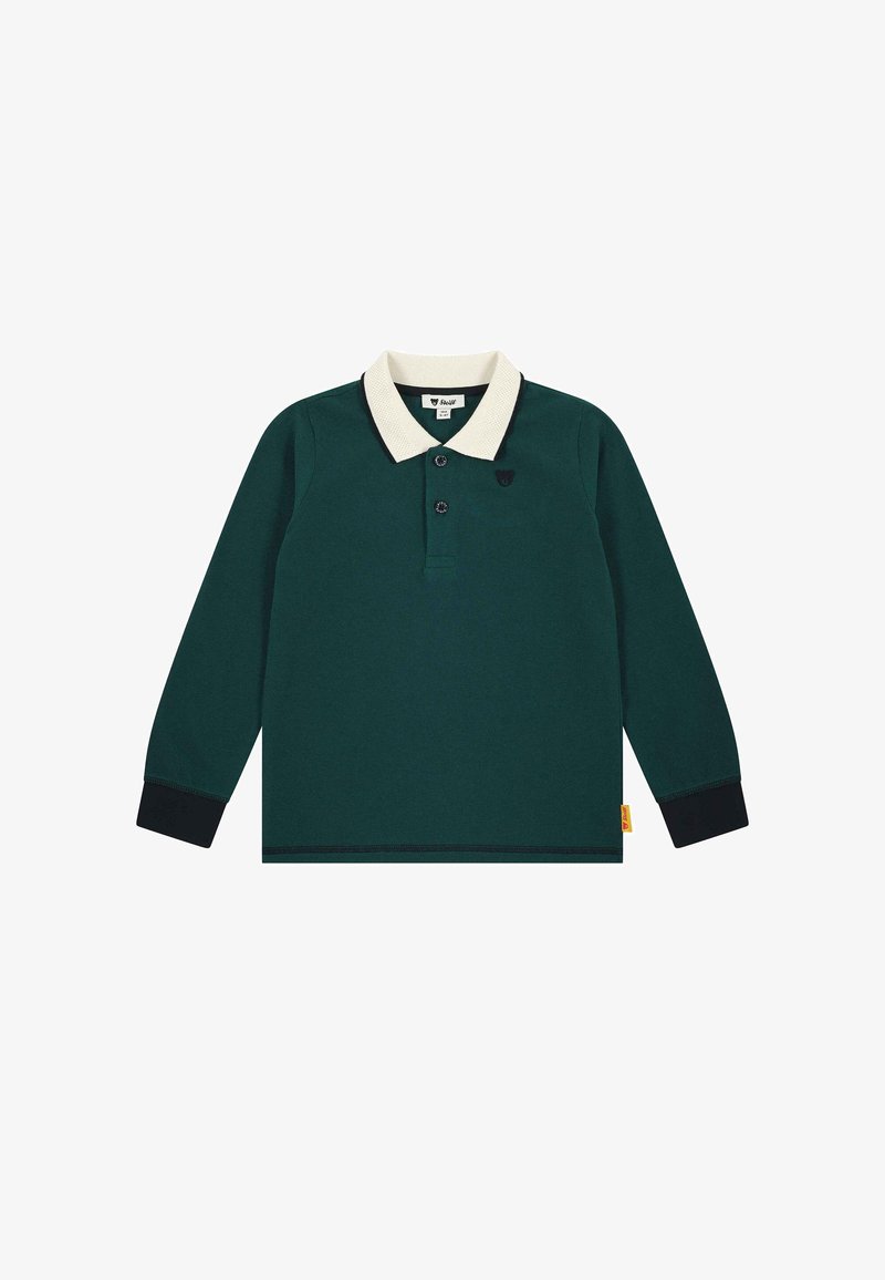 Donkergroene poloshirt met lange mouwen, zwarte manchetten, een crèmekleurige kraag, twee knopen en een klein zwart geborduurd berenlogo op de linkerborst.