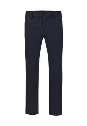 Dunkelblaue Slim-Fit-Hose mit Knopf- und Reißverschluss, Gürtelschlaufen und geraden Beinen, vor weißem Hintergrund präsentiert.