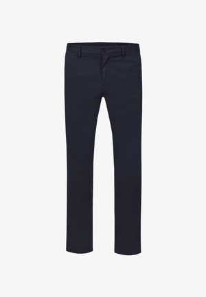 Dark navy slim-fit trousers with button and zipper closure, belt loops, and straight legs, displayed against a white background.