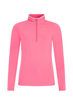 Roze lange mouw top met een half-rits kraag en een decoratieve gouden accent op de kraag. Gemaakt van gladde, lichte stof.