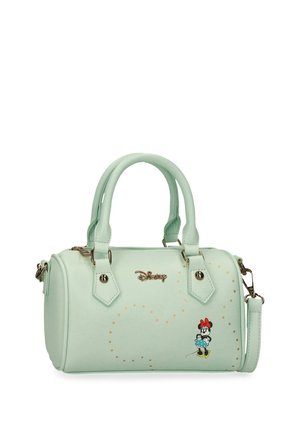 Bolso verde menta con logo dorado de Disney, contorno punteado de Mickey Mouse y Minnie Mouse sosteniendo un ramo en el frente.