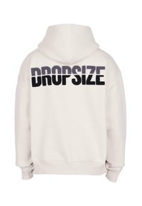 White hoodie with a large black and gray "DROPSIZE" text across the upper back, featuring a hood and ribbed cuffs and hem.