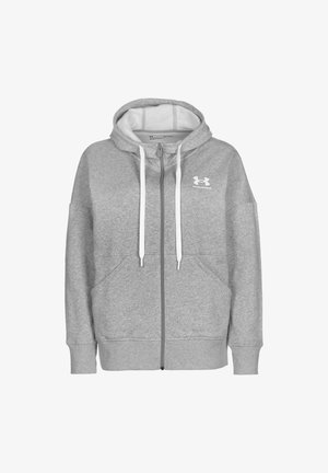 Sudadera gris con cremallera hecha de mezcla suave de algodón. Cuenta con un amplio bolsillo frontal, cordones blancos y un logo en el pecho izquierdo.