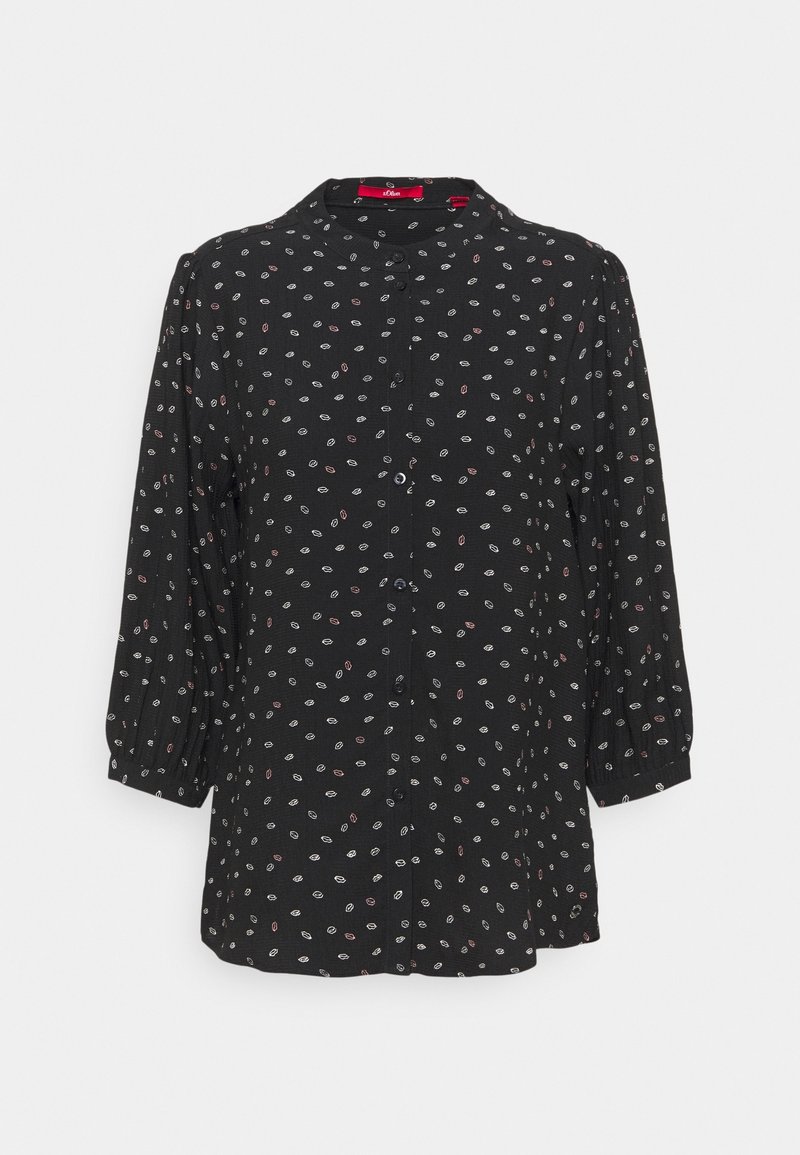 Blouse noire à manches longues avec petit imprimé lèvres blanches et roses, encolure ronde, boutonnage devant et poignets froncés.