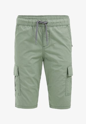 Hellgrüne knielange Cargo-Shorts mit elastischem Bund und grauem Kordelzug, mit seitlichen Klappentaschen.