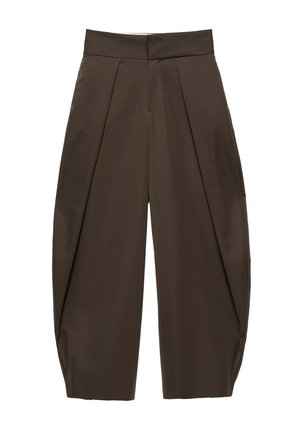 Pantalon large taille haute marron foncé avec plis sur le devant et fermeture invisible, coupé au-dessus des chevilles.