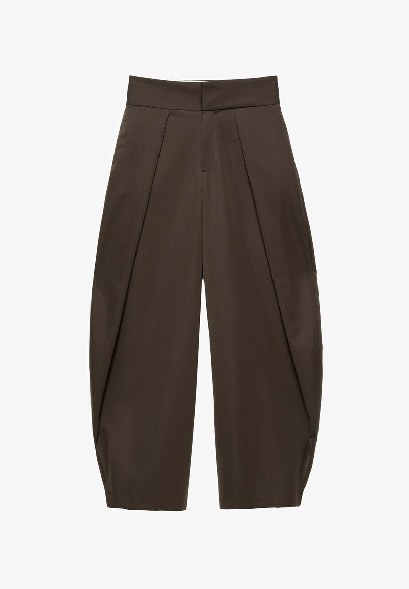 Pantalon large taille haute marron foncé avec plis sur le devant et fermeture invisible, coupé au-dessus des chevilles.