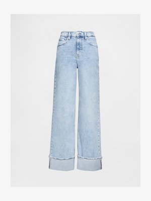 Helle blaue Jeans im weiten Schnitt mit hohen Taillen, featuring einen umgeschlagenen Saum und fünf Taschen, ergänzt durch einen Reißverschluss.