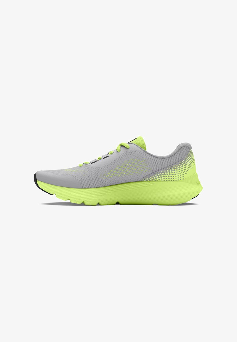 Gray athletic shoe with a mesh upper, neon green accents, textured sole, and reflective details. Designed for comfort and performance.