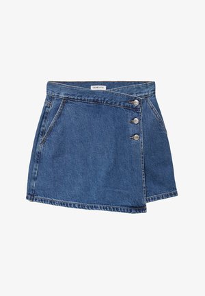 Denim wrap skirt with three silver buttons on the right side and front pockets, featuring a label inside the waistband.