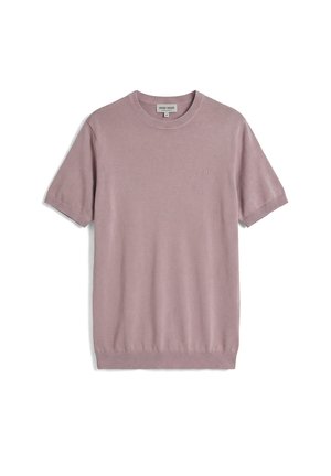 Short-sleeve, dusty pink knit sweater with ribbed cuffs and hem, crew neck, and subtle embroidered logo on the left chest.