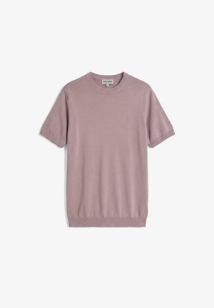 Maglione a maniche corte in maglia rosa polvere con polsini e orlo a costine, scollo rotondo e logo ricamato sottile sul petto sinistro.