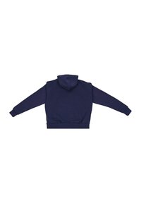 Sweatshirt à capuche bleu marine, doté de manches longues, d'une poche kangourou, de poignets et d'un ourlet côtelés, et d'un tissu texturé. Vue arrière montrée.