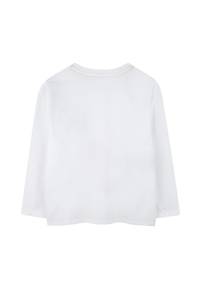 Camicia bianca a maniche lunghe con scollatura rotonda. Tessuto morbido, senza motivi o dettagli visibili. Orlo leggermente curvo nella parte inferiore.