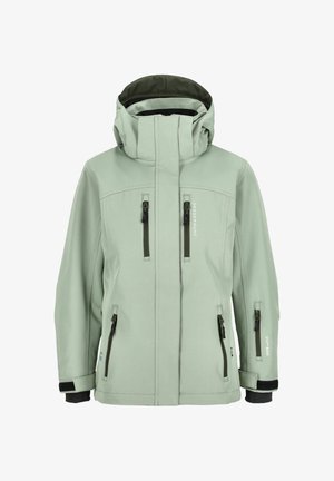 Light green waterproof jacket with hood, multiple zippered pockets, and adjustable wrist straps, designed for outdoor use.