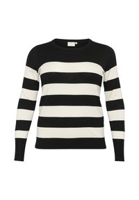 Pull tricoté à rayures noires et crème avec manches longues et encolure ronde ; présente des rayures horizontales alternant entre épaisses et fines.