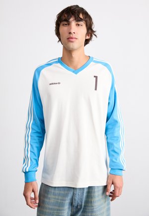 White long-sleeve jersey with light blue accents, featuring a v-neck, large number "1," and three white stripes on the sleeves.