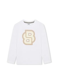 Chemise blanche à manches longues en coton avec un grand logo "B" beige et marron clair sur le devant. Col rond classique et coupe régulière.