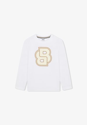 Chemise blanche à manches longues en coton avec un grand logo "B" beige et marron clair sur le devant. Col rond classique et coupe régulière.