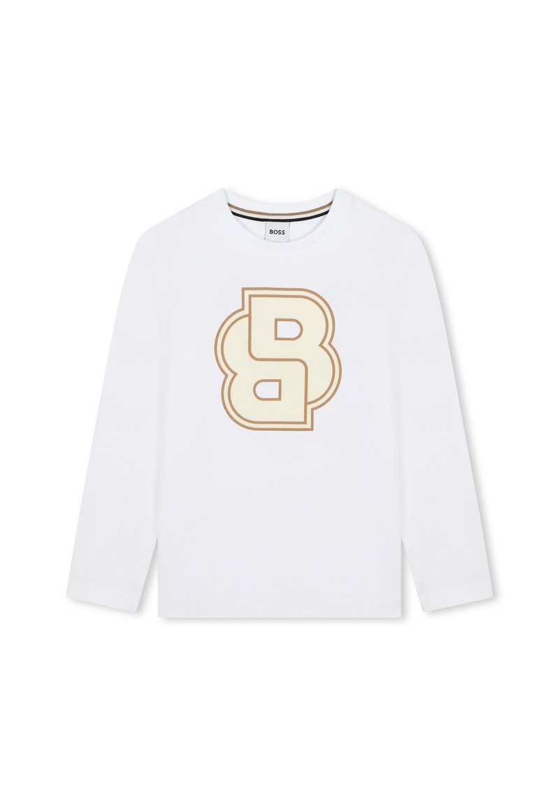 Chemise blanche à manches longues en coton avec un grand logo "B" beige et marron clair sur le devant. Col rond classique et coupe régulière.