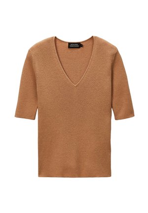 Pull en tricot côte marron avec un décolleté en V profond et des manches courtes, présentant une finition texturée. Design épuré et simple sans embellissements supplémentaires.