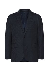 Blazer de azul marino oscuro con un sutil patrón tonal, cierre de un solo botón, dos bolsillos frontales, solapas con muescas y un forro interior suave.