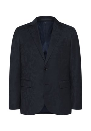Blazer blu scuro con motivo tonale sottile, chiusura a un bottone, due tasche anteriori, colletto a lancia e fodera interna liscia.